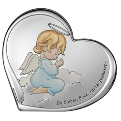 Obrazek na chrzciny srebrny Aniołek w modlitwie z podpisem niebieski 6732SC