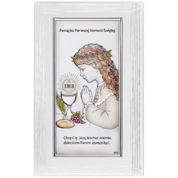 Obrazek Srebrny Pamiątka I Komunii dla dziewczynki prostokąt z podpisem kolor DS30FCA