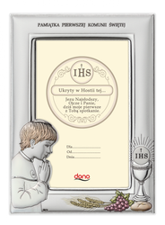 Ramka Srebrna Pamiątka I Komunii prostokąt z podpisem kolor DS06CO