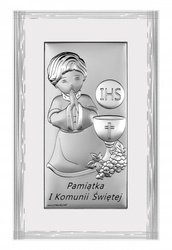 Obrazek Srebrny Pamiątka I Komunii dla chłopca prostokąt z podpisem Dono DS135FO