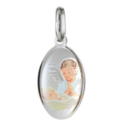 Medalik srebrny - Aniołek nad dzieckiem kolorowy owalny MK041