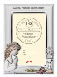 Ramka Srebrna Pamiątka I Komunii prostokąt z podpisem kolor DS06CA