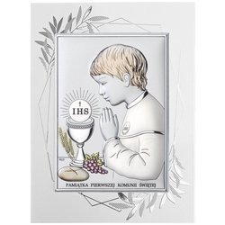 Obrazek Srebrny Pamiątka I Komunii dla chłopca prostokąt z podpisem Dono DS04FOCO