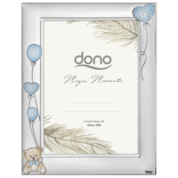 Ramka srebrna dziecięca miś z balonami niebieska DS106