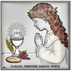 Obrazek Srebrny Pamiątka I Komunii dla dziewczynki prostokąt z podpisem kolor DS48CA