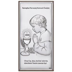 Obrazek Srebrny Pamiątka I Komunii dla chłopca prostokąt z podpisem Dono DS30O