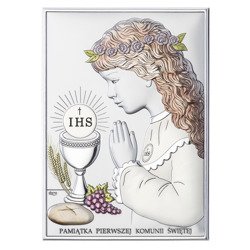 Obrazek Srebrny Pamiątka I Komunii dla dziewczynki prostokąt z podpisem kolor DS04CA